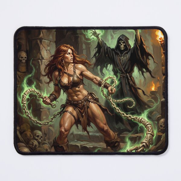Item preview, Barbarian Woman captured by an evil skeletal necromancer illustration fantasy art style designed and sold by Vintage Designs +.