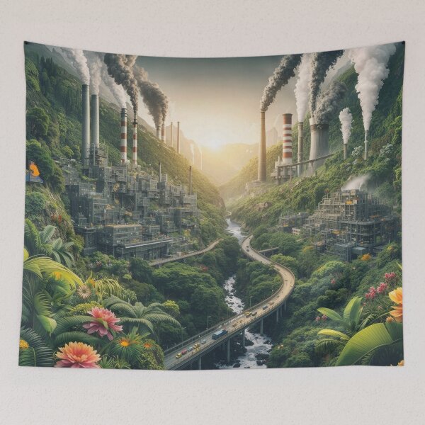 Item preview, Industrial Valley Amid Lush Green Mountains designed and sold by arven-studio.