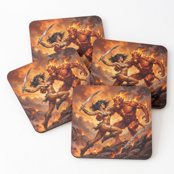 Item preview, Barbarian Woman vs the demon horde illustration fantasy art style designed and sold by Vintage Designs +.