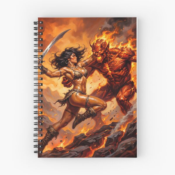 Item preview, Barbarian Woman vs the demon horde illustration fantasy art style designed and sold by Vintage Designs +.