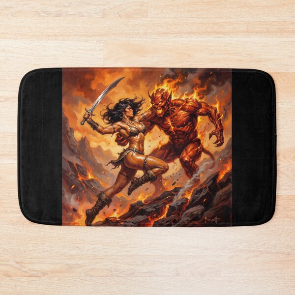 Item preview, Barbarian Woman vs the demon horde illustration fantasy art style designed and sold by Vintage Designs +.