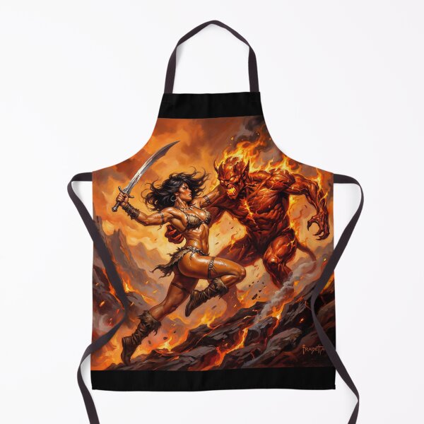 Item preview, Barbarian Woman vs the demon horde illustration fantasy art style designed and sold by Vintage Designs +.