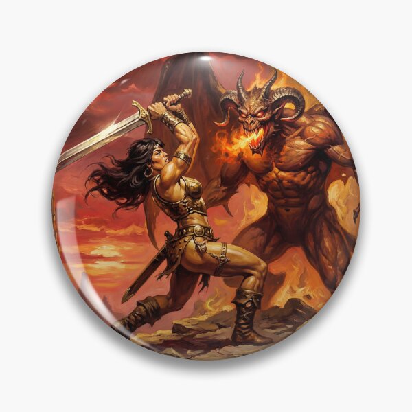Artikelvorschau, Illustration im Fantasy-Stil: Barbarin gegen Dämonenhorde entworfen und verkauft von Vintage Designs +.