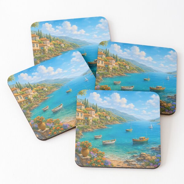 Item preview, Sunlit Coastal Village Overlooking a Bright Blue Bay designed and sold by ArtComixHaven.