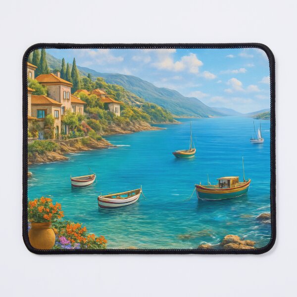 Item preview, Sunlit Coastal Village Overlooking a Bright Blue Bay designed and sold by ArtComixHaven.