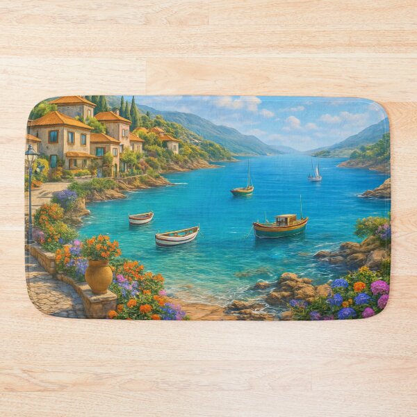 Item preview, Sunlit Coastal Village Overlooking a Bright Blue Bay designed and sold by ArtComixHaven.