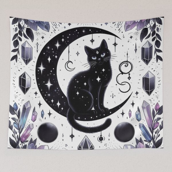 Item preview, Witchy Black Cat on Crystal Crescent Moon designed and sold by BigBlueArt.