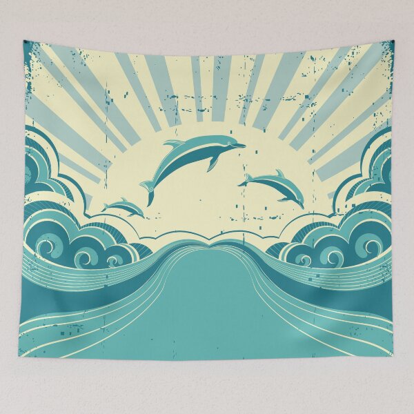 Item preview, Distressed 1960s 1970s Stylized Retro Mod Blue Dolphins designed and sold by RetroMaggie.