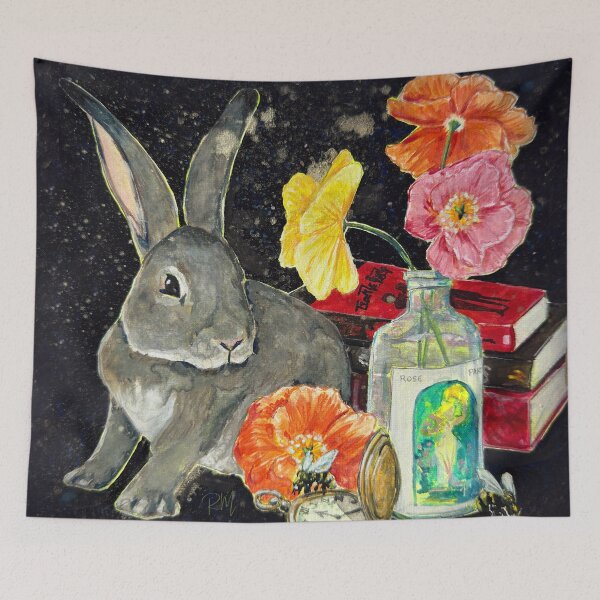 Item preview, "Up After Midnight" Bunny Rabbit, Books, Poppies, and Pocket Watch by Renee Machan designed and sold by RMachanArt.