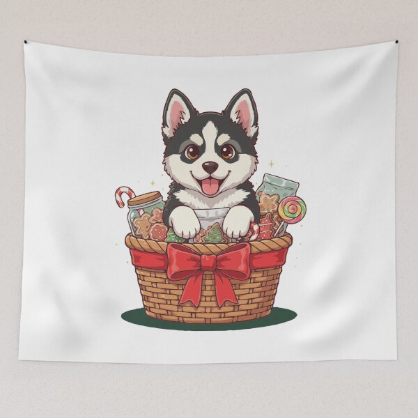 Item preview, Cute Gerberian Shepsky Puppy Preparing Christmas Gift Basket - Dog Lovers designed and sold by The Real Life Symphony.