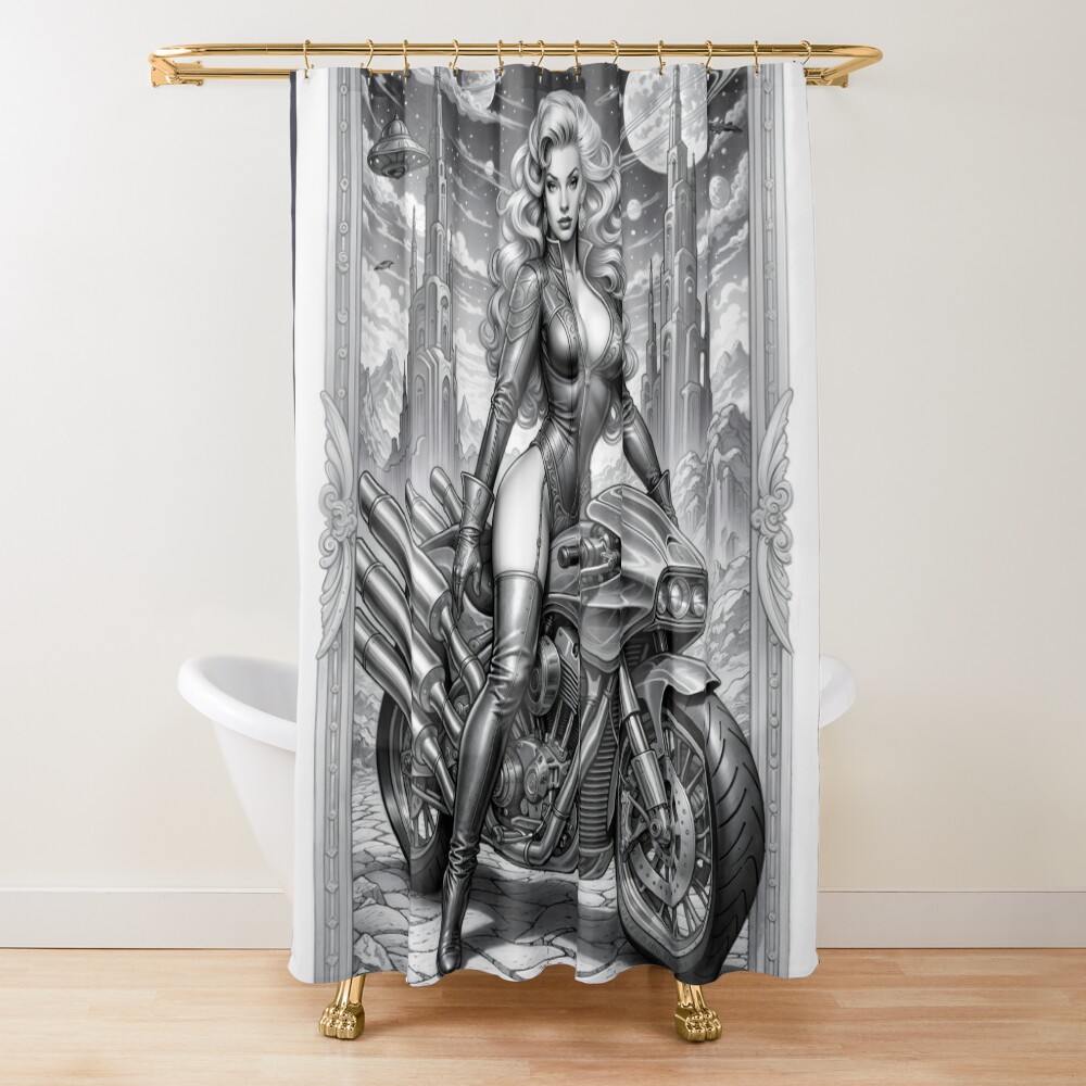 Mystralias Iron Valkrie Xylia D'Arden On Her Morvous AI Concept Art by Xzendor7 | A Stunning Retrofusion Maven 2 Mystralia's Iron Valkrie Xylia D'Arden On Her Morvous Stunning AI Concept Art by Xzendor7 Decorative Art Print Shower Curtain