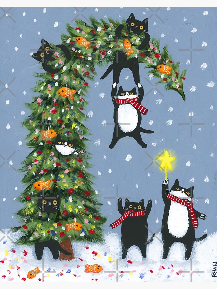 稲垣知雄　木版画　「Cat and Christmas Tree」 Cats Decorating The Christmas Tree