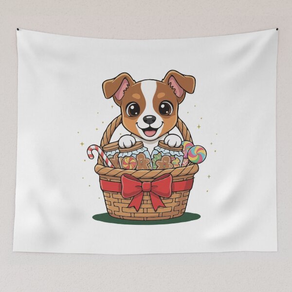 Item preview, Cute Toy Fox Terrier Puppy Preparing Christmas Gift Basket - Dog Lovers designed and sold by The Real Life Symphony.