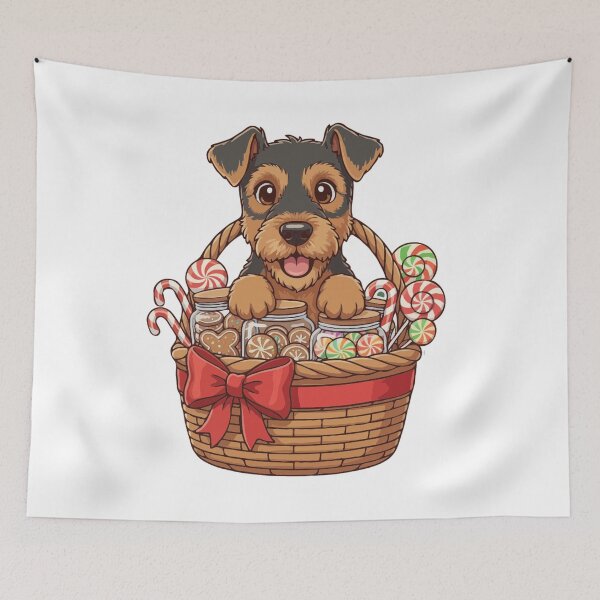 Item preview, Cute Airedale Terrier Puppy Preparing Christmas Gift Basket - Dog Lovers designed and sold by The Real Life Symphony.