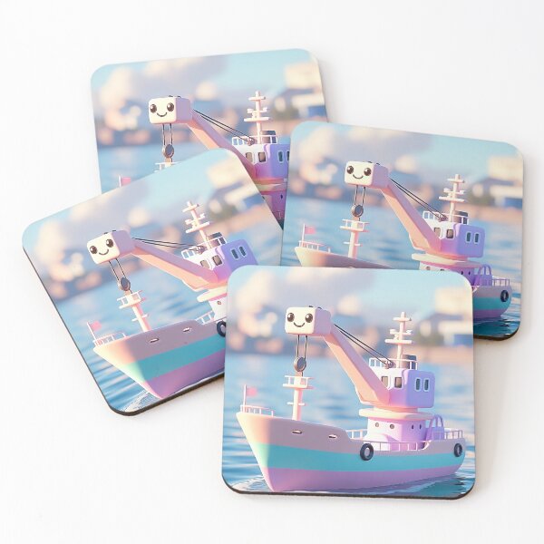 Item preview, Kawaii Harbor Crane Ship – Cute Pastel Workboat with Smiley Crane designed and sold by NordseeSteel.