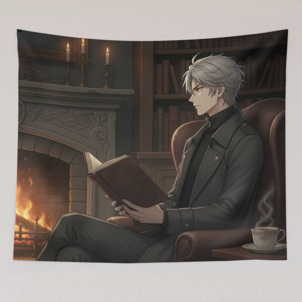 Item preview, Cozy Dark Academia Anime Boy Reading by Fireplace designed and sold by MinkStudio.