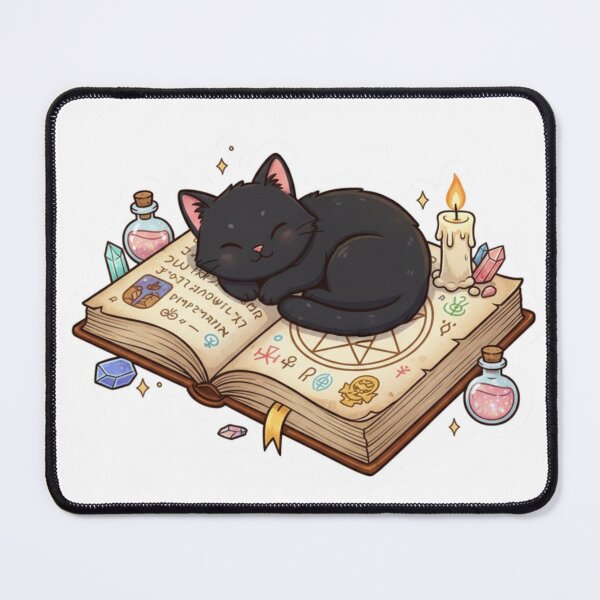 Item preview, Black cat on top of a grimoire, potions all around designed and sold by CosmicCutouts.