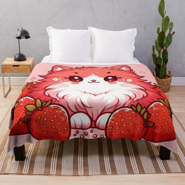 Item preview, Gato fresa kawaii en un jardín rosa designed and sold by BigBlueArt.