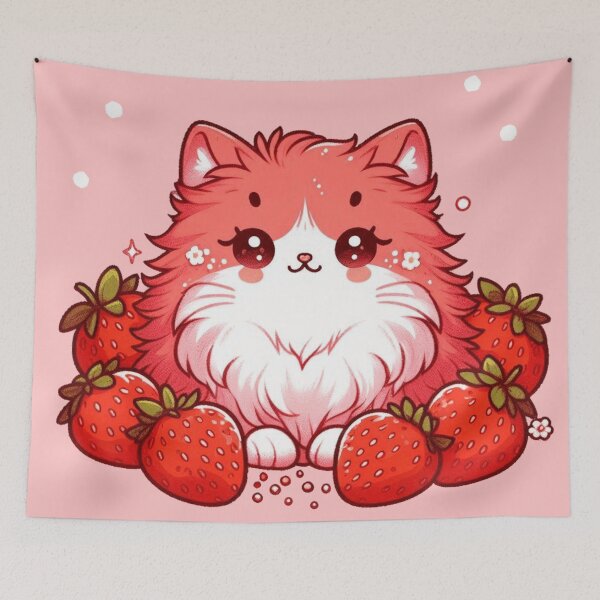 Item preview, Kawaii Strawberry Cat in Pink Garden designed and sold by BigBlueArt.