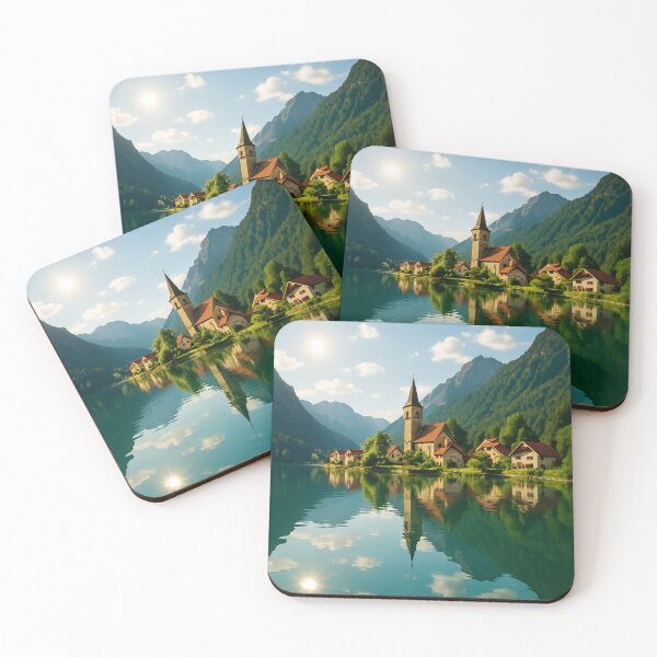 Item preview, Serene Mountain Village Church By Crystal Lake With Reflection Under Sunny Sky, Tranquil Summer Day designed and sold by Bure-NS.
