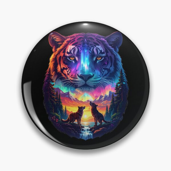 Artikelvorschau, Neon Tiger Spirit mit heulenden Wölfen | Nordlichter-Wildtierkunst-T-Shirt entworfen und verkauft von Alicjareign.