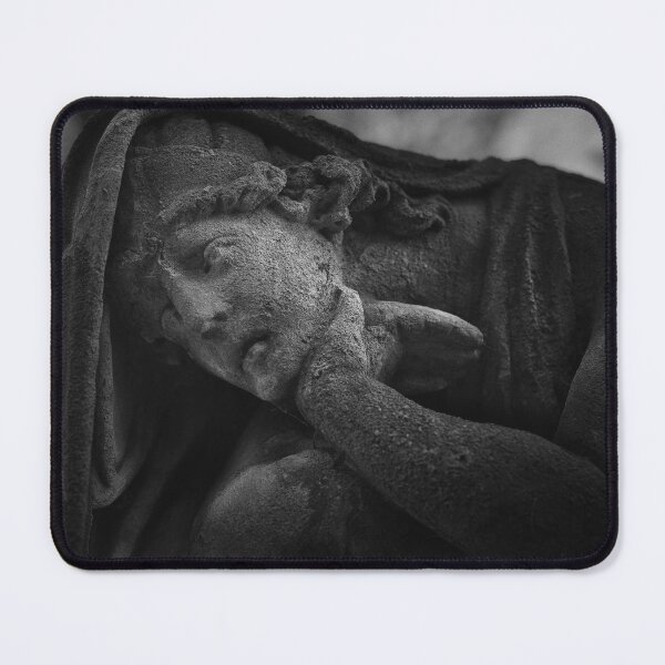 Item preview, Weathered stone mourning figure at Goat Gate Cemetery in Bratislava, photographed in dramatic black and white. designed and sold by RastislavS.