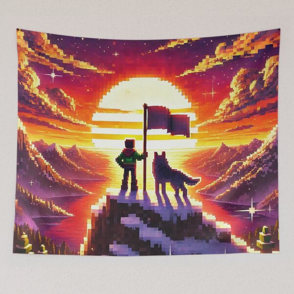 Item preview, Voxel Adventure Summit | Pixel Art Mountain Sunset Explorer & Wolf | Pixel Quest Gaming Landscape Design designed and sold by pixelpopplanet.