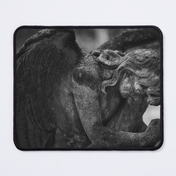 Item preview, Weathered stone angel in a mourning pose at Goat Gate Cemetery in Bratislava, photographed in black and white. designed and sold by RastislavS.