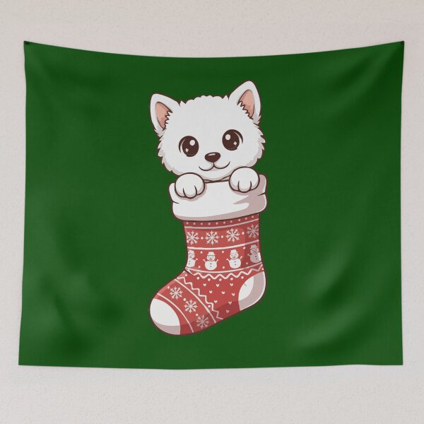 Item preview, Cute Christmas American Eskimo Puppy in Knitted Holiday Stocking – Dog Lovers designed and sold by The Real Life Symphony.