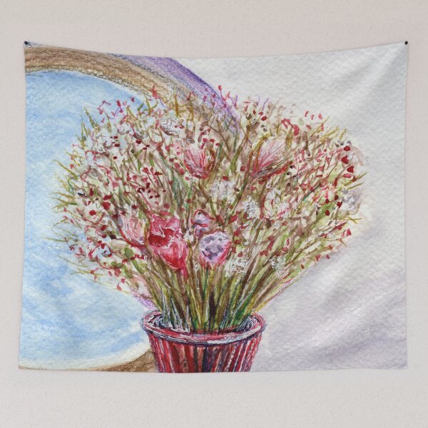 Item preview, Still life painting of Arianne's pink glass vase of dried flowers at Eddisbury Artists, Castle Park Arts Centre, Frodsham designed and sold by LymphomaLass.