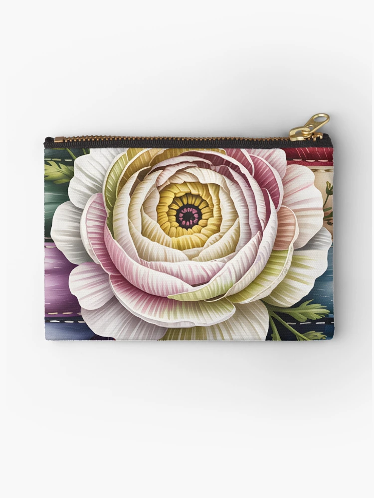 Thumbnail 1 of 4, Zipper Pouch, White Ranunculus Patchwork designed and sold by JessArty.