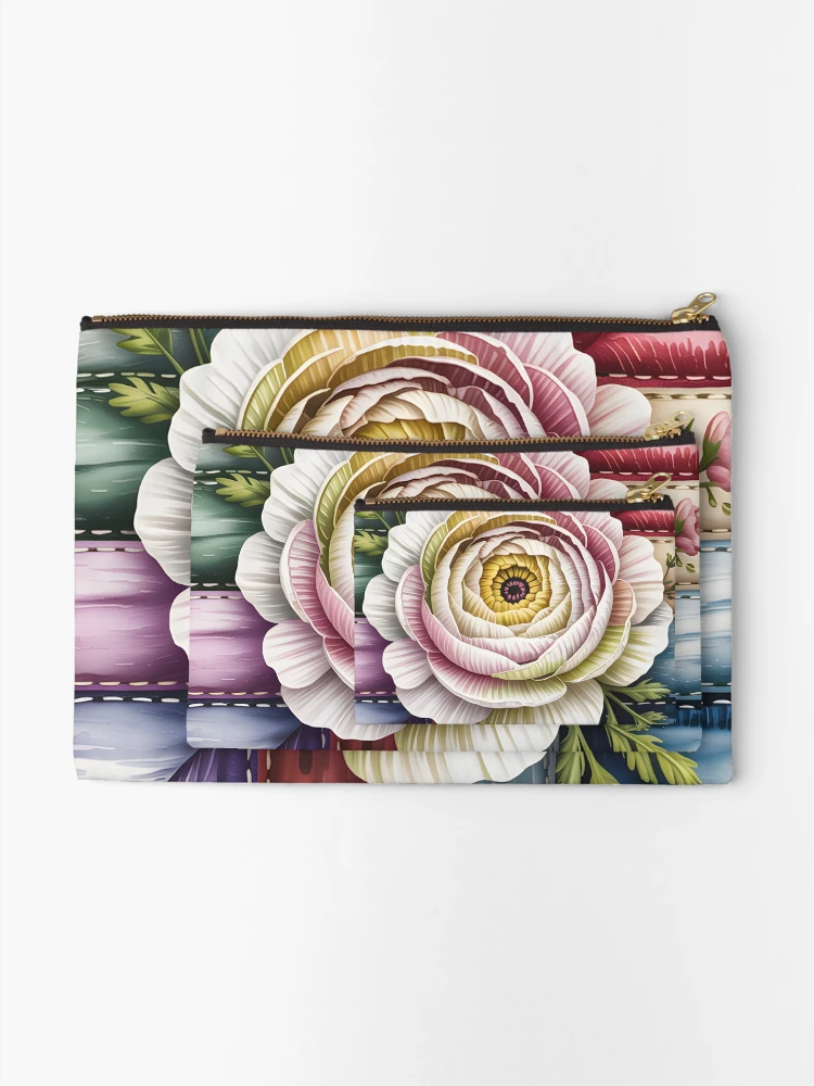 Thumbnail 2 of 4, Zipper Pouch, White Ranunculus Patchwork designed and sold by JessArty.