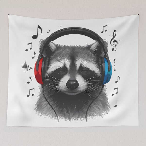 Aperçu de l'œuvre T-shirt humoristique pour amoureux des animaux avec casque audio et motif raton laveur créée et vendue par DrawDrip.