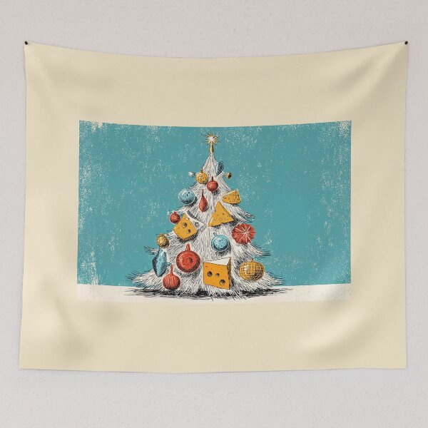Item preview, It's Cheesy! A Whimsical Christmas Tree Decorated with Assorted Cheeses and Colorful Ornaments designed and sold by OlfactoART Studio.