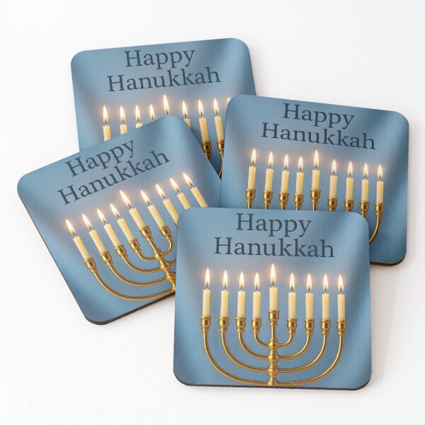 Item preview, Happy Hanukkah with Golden Menorah on Light Blue Background designed and sold by EmeraldeaDesign.