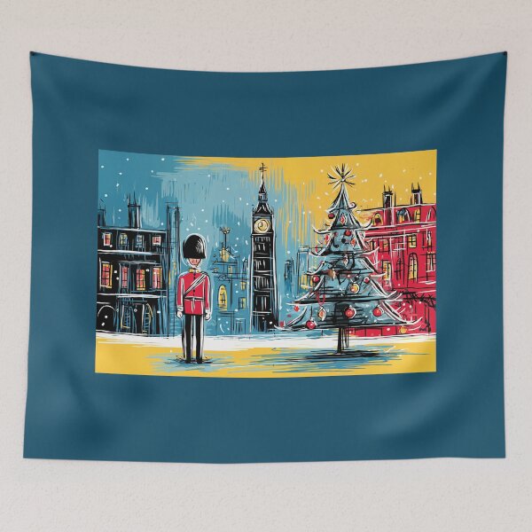 Item preview, A Regal Holiday Watch- A British Guard Beside a Festive Christmas Tree in a Color-Splashed London Scene designed and sold by OlfactoART Studio.