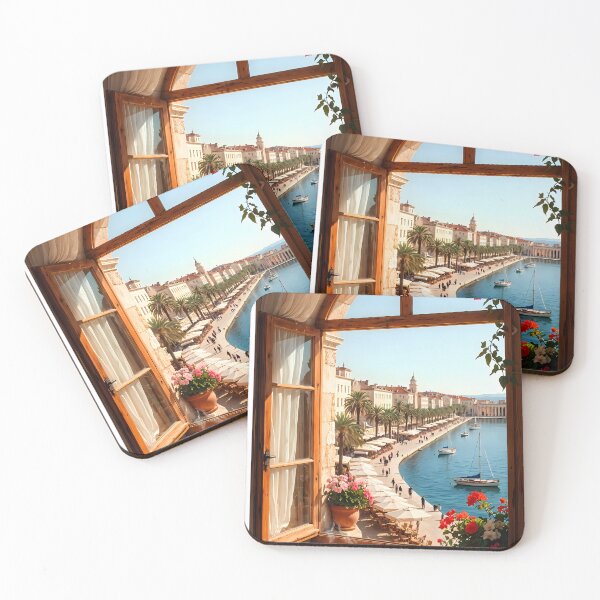 Item preview, Ai image of Split Riva Promenade Window View - Diocletian’s Palace Premium Travel Poster Art Print designed and sold by TrendSh0p.