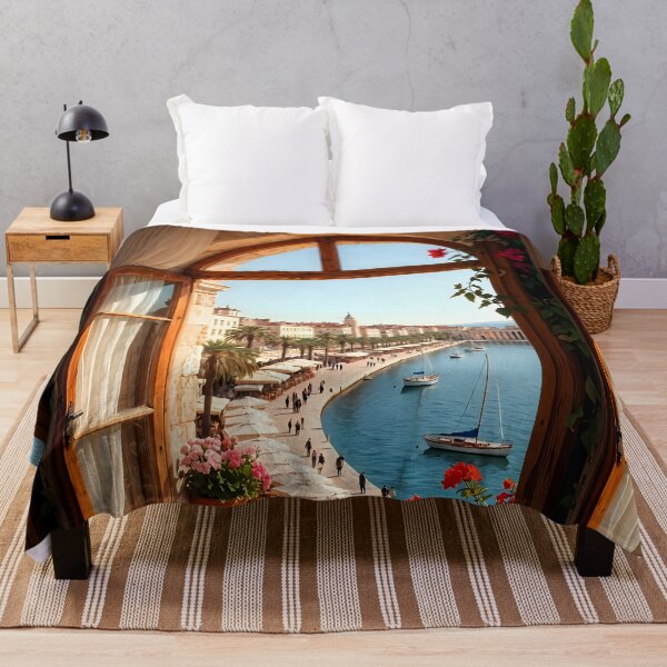 Item preview, Ai image of Split Riva Promenade Window View - Diocletian’s Palace Premium Travel Poster Art Print designed and sold by TrendSh0p.