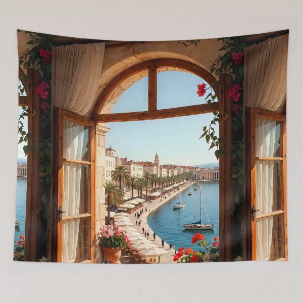 Item preview, Ai image of Split Riva Promenade Window View - Diocletian’s Palace Premium Travel Poster Art Print designed and sold by TrendSh0p.