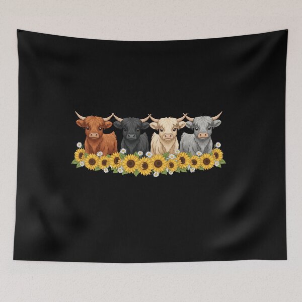 Item preview, Cute Highland Cows T Shirt Four Cow Cartoon, Sunflower Daisy Garland Gift, Farm Animal Graphic Tee designed and sold by Kukiishop.