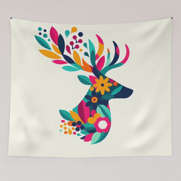 Item preview, Floral Stag Head with Colourful Antlers – Scandinavian Folk Art by heidiannemorris © designed and sold by FOLK ART FUSION by heidiannemorris.