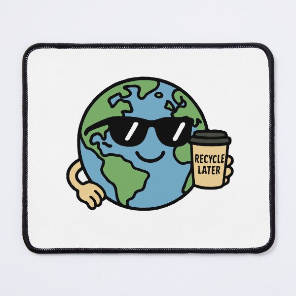 Item preview, Cool Cartoon Earth with Sunglasses Holding “Recycle Later” Cup – Funny Eco Awareness & Sustainability Design designed and sold by BrainBubbleArt.
