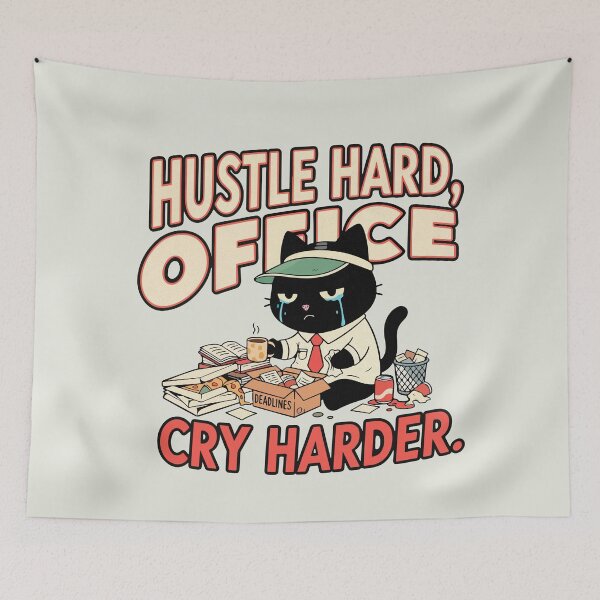 Item preview, Hustle Hard Office Cry Harder | Toxic Productivity & Burnout Cat | Black Scowl designed and sold by IAPICTURE.