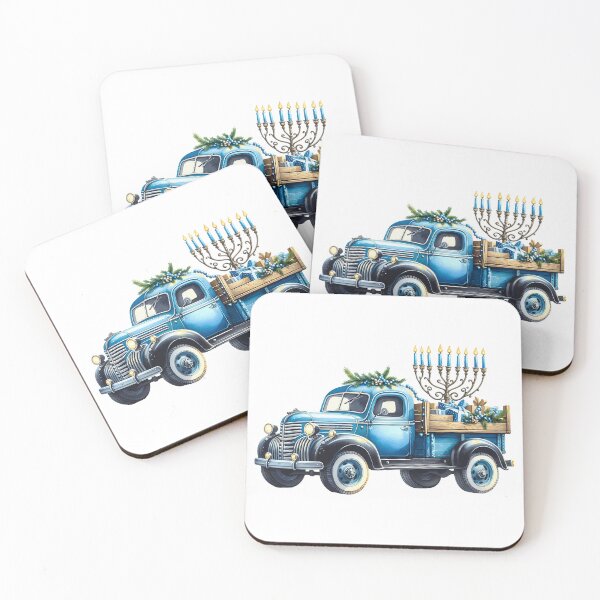 Item preview, Retro blue Chanukkah truck, delivering for the holidays designed and sold by Curious Frog.