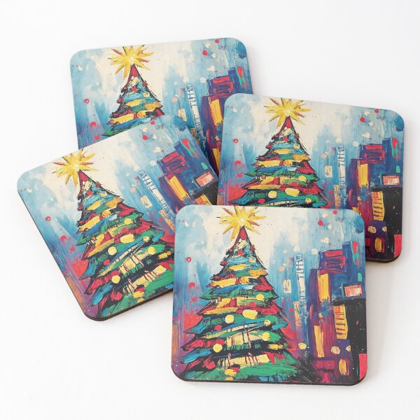 Item preview, A Vibrant Urban Christmas Tree Amidst City Buildings in Bright Festive Colors designed and sold by OlfactoART Studio.
