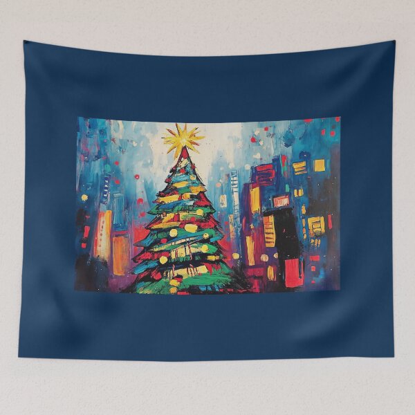 Item preview, A Vibrant Urban Christmas Tree Amidst City Buildings in Bright Festive Colors designed and sold by OlfactoART Studio.