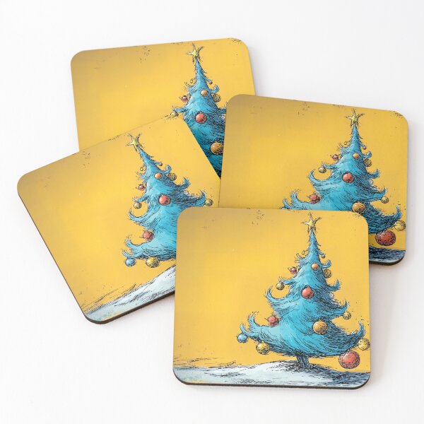 Item preview, A Vibrant Blue Christmas Tree Adorned with Colorful Ornaments Against a Yellow Winter Background designed and sold by OlfactoART Studio.