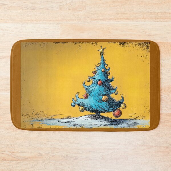 Item preview, A Vibrant Blue Christmas Tree Adorned with Colorful Ornaments Against a Yellow Winter Background designed and sold by OlfactoART Studio.