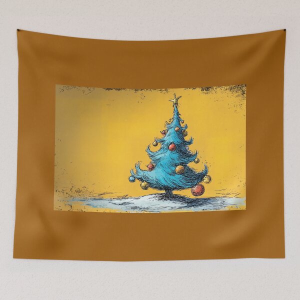 Item preview, A Vibrant Blue Christmas Tree Adorned with Colorful Ornaments Against a Yellow Winter Background designed and sold by OlfactoART Studio.