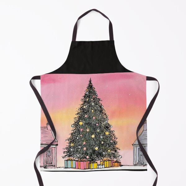 Item preview, Christmas Magic Between the Houses- A Festive Tree Under a Pink Winter Sky designed and sold by OlfactoART Studio.